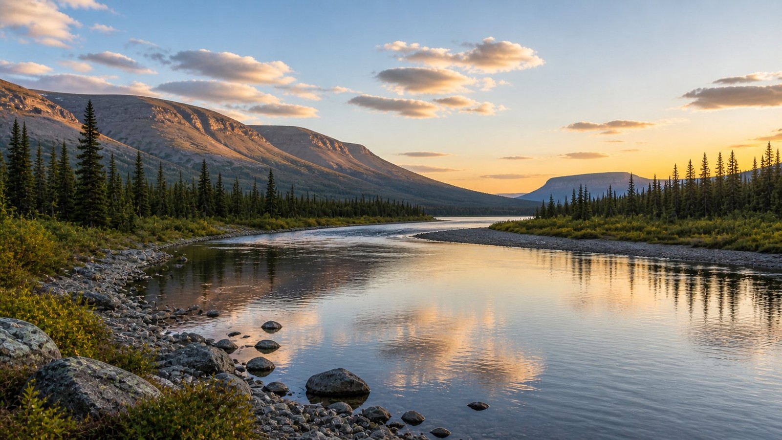 Northern river landscape at sunrise
