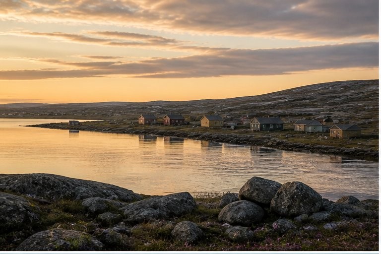 Northern landscape with lake at sunset