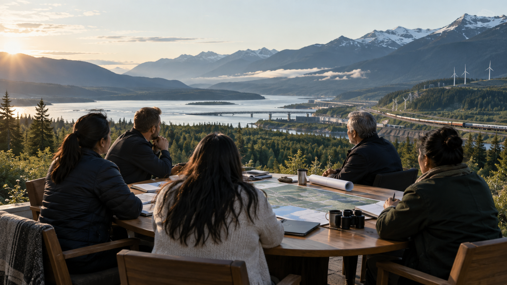 A representative project-planning session overlooking a Canadian transportation and energy corridor
