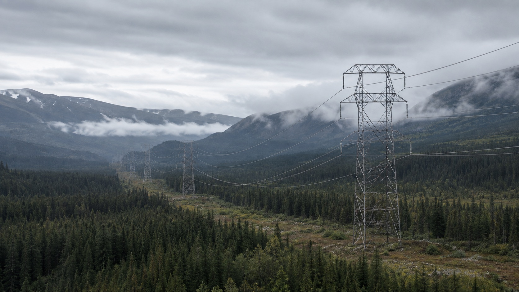 High-voltage transmission lines crossing a forested mountain valley beneath low clouds