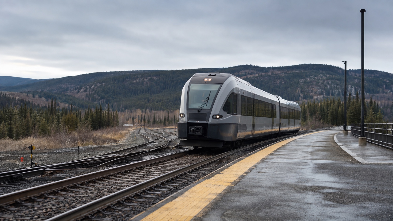 Passenger train at a northern railway platform beneath forested hills